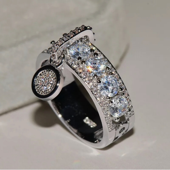 New Unique Round White Sapphire Silver Charm Ring. - Picture 2 of 3